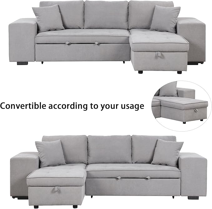 104" L Shape Reversible Sectional Sofa w/Pull Out Bed &Storage Chaise, Linen Upholstered Sleeper Couch with 2 Stools, for Living Room, Bedroom and Small Apartment, 104 Inch, Gray - LeafyLoom