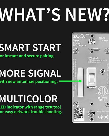 Zooz 800 Series Z-Wave Long Range Toggle Dimmer ZEN74, White | Direct 3-Way (No Add-On Switch Needed) | Z-Wave Hub Required ZOOZ