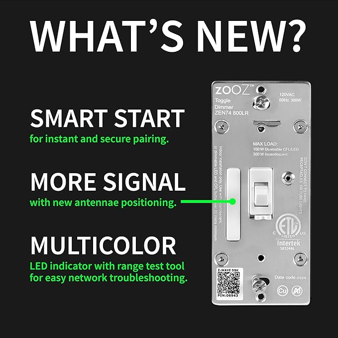 Zooz 800 Series Z-Wave Long Range Toggle Dimmer ZEN74, White | Direct 3-Way (No Add-On Switch Needed) | Z-Wave Hub Required ZOOZ