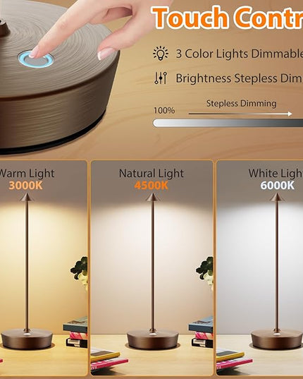 Cordless Rechargeable Table Lamp-6000mAh Outdoor Waterproof Battery Operated Table Light-LED Touch Dimmable Desk Lamps-Patio Dining Restaurant Home Living Room Brown - LeafyLoom