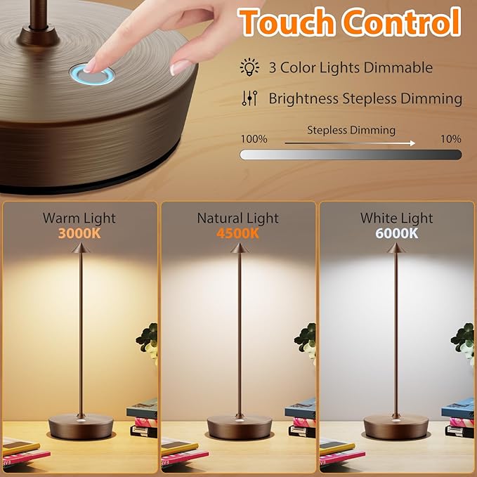 Cordless Rechargeable Table Lamp-6000mAh Outdoor Waterproof Battery Operated Table Light-LED Touch Dimmable Desk Lamps-Patio Dining Restaurant Home Living Room Brown - LeafyLoom