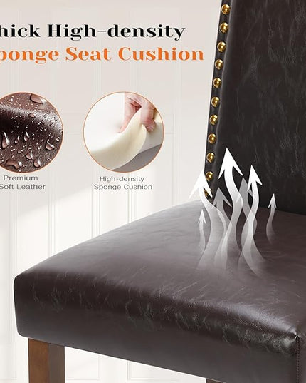 Sweetcrispy Dining Chairs Set of 4, Upholstered Leather Kitchen Room Chairs Mid Century Modern High-End Dining Room Side Chairs with Nailhead Trim and Wood Legs for Bedroom, Living Room, Brown - LeafyLoom