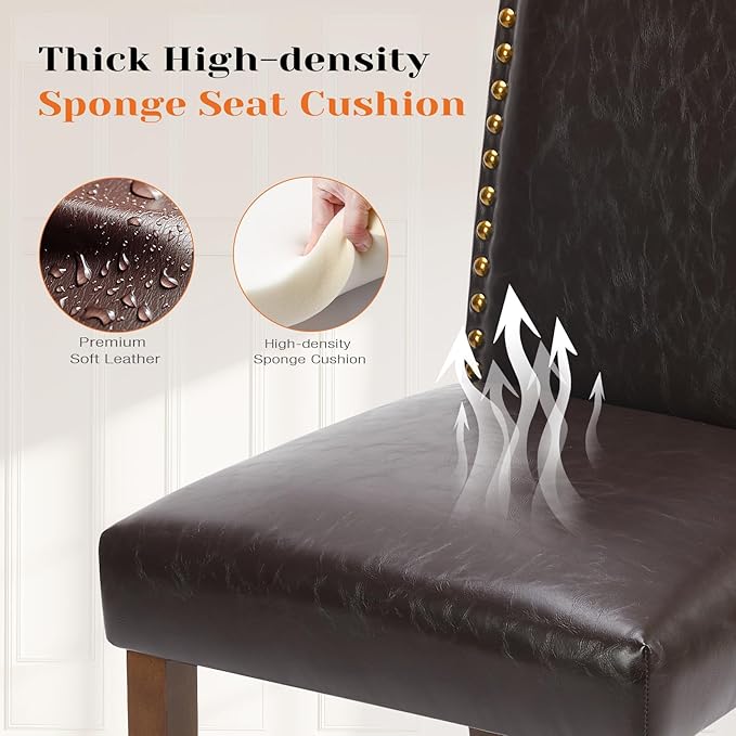 Sweetcrispy Dining Chairs Set of 4, Upholstered Leather Kitchen Room Chairs Mid Century Modern High-End Dining Room Side Chairs with Nailhead Trim and Wood Legs for Bedroom, Living Room, Brown - LeafyLoom