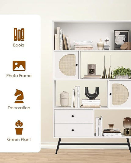 Soohow 4 Shelf Bookcase and Bookshelves with Drawer, 65” Tall Bookcases with Storage Shelves, Bookshelves and Bookcases with Rattan Cabinet and Metal Legs for Home Office, Living Room and Bedroom. - LeafyLoom