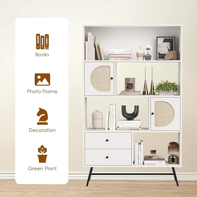 Soohow 4 Shelf Bookcase and Bookshelves with Drawer, 65” Tall Bookcases with Storage Shelves, Bookshelves and Bookcases with Rattan Cabinet and Metal Legs for Home Office, Living Room and Bedroom. - LeafyLoom