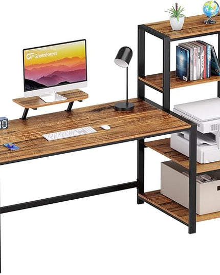 GreenForest Computer Desk 67 inch with Storage Printer Shelf Reversible Home Office Desk Large Study Writing Table with Movable Monitor Stand and 2 Headphone Hooks for PC Gaming Working, Walnut - LeafyLoom