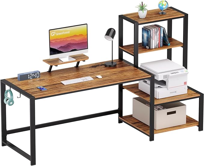 GreenForest Computer Desk 67 inch with Storage Printer Shelf Reversible Home Office Desk Large Study Writing Table with Movable Monitor Stand and 2 Headphone Hooks for PC Gaming Working, Walnut - LeafyLoom