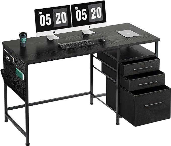Ｍａｉｈａｉｌ Maihail Small Desk with Drawers, 47 inch Computer Desk with Shelves, Writing Desk with Storage, Small Office Desk with Metal Frame, Black - LeafyLoom