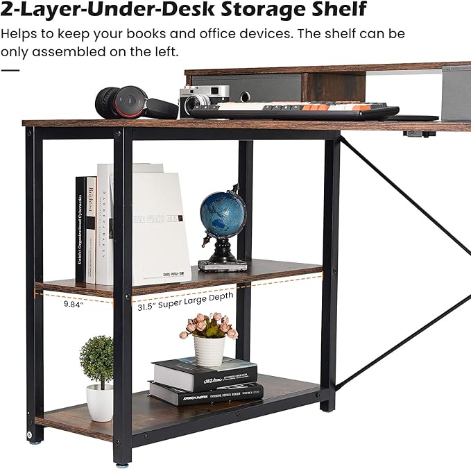 TOPSKY 47”x 31.5” Computer Desk with Drawers, Monitor Stand, Storage Shelf, 3-Port Charging Station (BLACK) - LeafyLoom