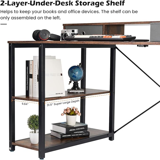 TOPSKY 47”x 31.5” Computer Desk with Drawers, Monitor Stand, Storage Shelf, 3-Port Charging Station (RUSTIC BROWN) - LeafyLoom