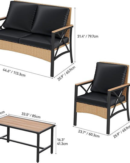 YITAHOME 4-Piece Patio Wicker Furniture Set with Wood Armrest, All Weather Rattan Conversation Furniture Sets for Backyard, Balcony, Deck w/Soft Cushions and Plastic Wood Table (Light Brown+Black) - LeafyLoom