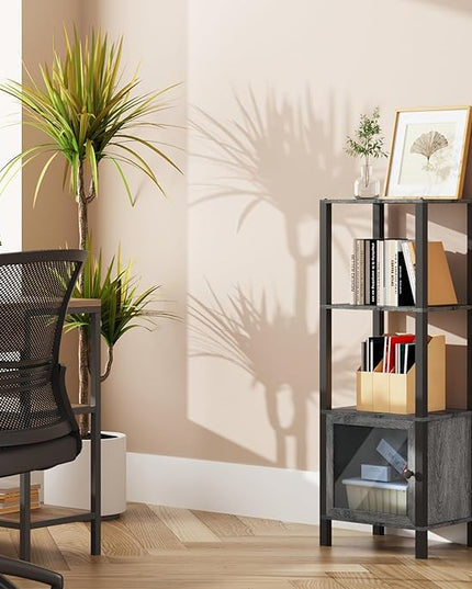 TUTOTAK 4 Tier Bookcase and Bookshelf, Narrow Book shelf with Door for Small Space, for Living Room, Office, Study, Entryway, Charcoal Grey BS03BY004 - LeafyLoom