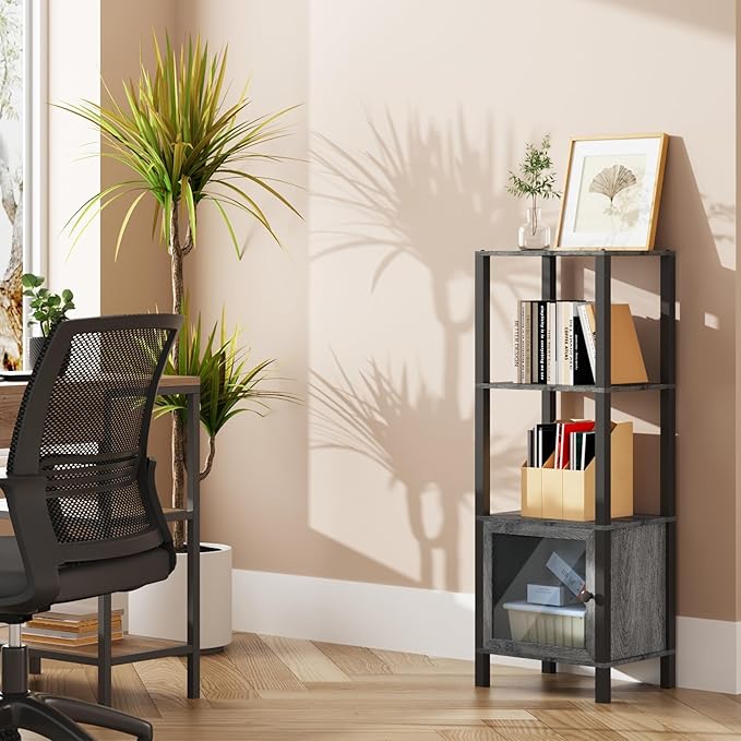 TUTOTAK 4 Tier Bookcase and Bookshelf, Narrow Book shelf with Door for Small Space, for Living Room, Office, Study, Entryway, Charcoal Grey BS03BY004 - LeafyLoom