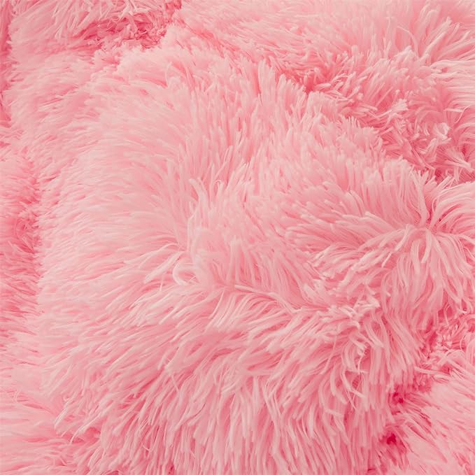 Fluffy Faux Fur Pink Comforter Cover Set Queen - Ultra Soft Plush Pink Bedding Sets 3 Pieces (1 fluffy duvet cover + 2 Faux Fur Pillow case) Cute Pink Bed Set (Light Pink, Queen) - LeafyLoom