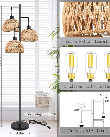 Tree 3-Lights Floor Lamp for Living Room,Bedroom,Rattan Boho Floor Lights,Industrial Black Farmhouse Standing Lamp Wicker Rustic Adjustable Tall Lamp,Woven Bamboo LampShade Floor Lamps Bohemian - LeafyLoom