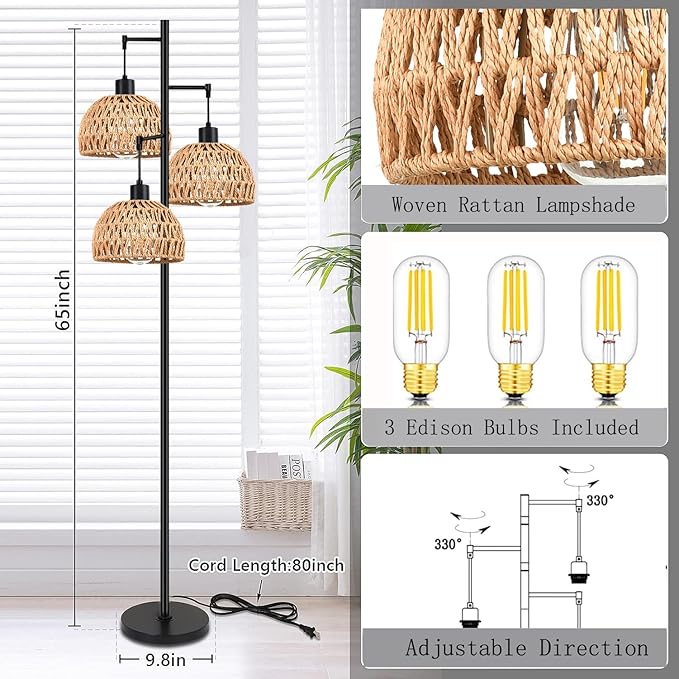 Tree 3-Lights Floor Lamp for Living Room,Bedroom,Rattan Boho Floor Lights,Industrial Black Farmhouse Standing Lamp Wicker Rustic Adjustable Tall Lamp,Woven Bamboo LampShade Floor Lamps Bohemian - LeafyLoom