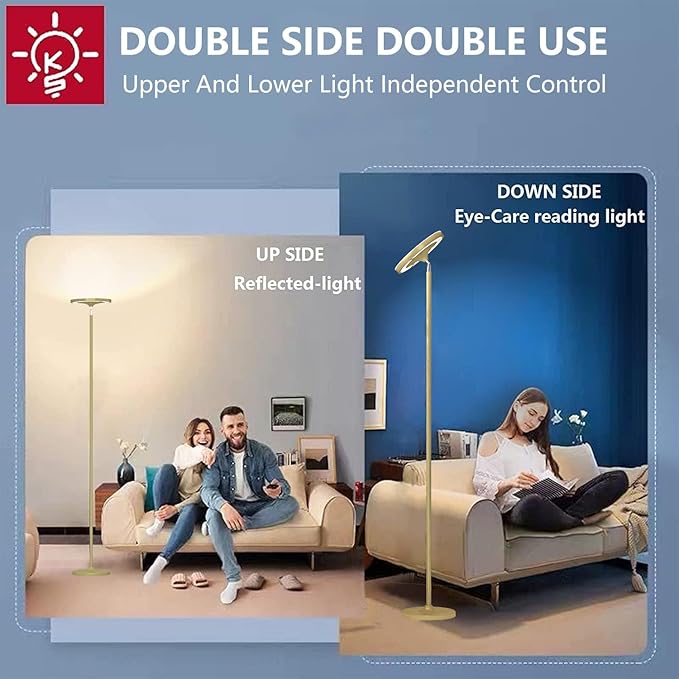 Keepsmile Gold Double Side Lighting LED Floor Lamp with Remote Smart App 36W 2600LM Bright Tall Standing RGB Floor Lamp Angle Multicolor Dimmable Modern Floor Lamps for Living Room Bedroom - LeafyLoom