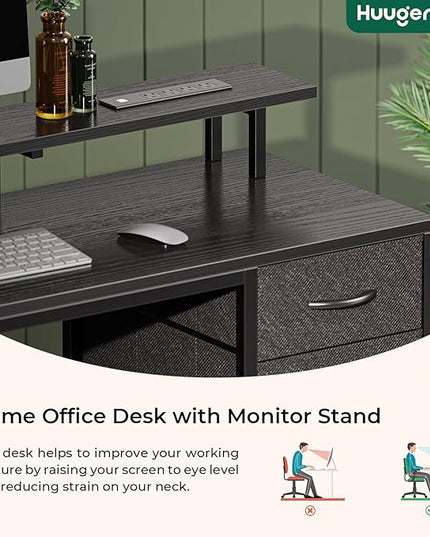 55 inch Computer Desk with 4 Drawers, Gaming Desk with LED Lights & Power Outlets, Home Office Desk with Large Storage Space for Bedroom, Work from Home, Black - LeafyLoom