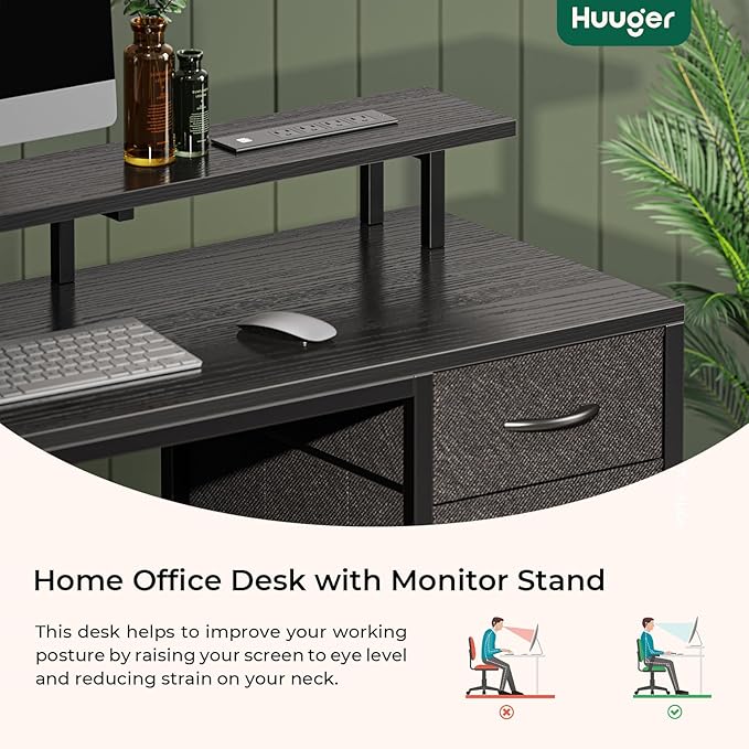 55 inch Computer Desk with 4 Drawers, Gaming Desk with LED Lights & Power Outlets, Home Office Desk with Large Storage Space for Bedroom, Work from Home, Black - LeafyLoom