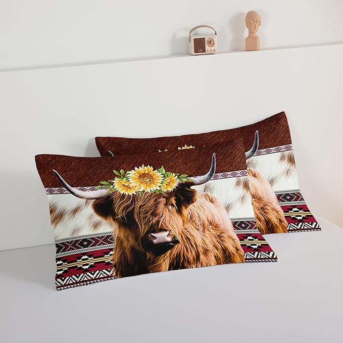 HOSIMA Highland Cow Decor Comforter with 2 Pillowcases,Animal Theme Western Bedding Sets,Brown Cowhide Black White Cow Print Comforter Set for Adults Kids,Sunflower King Size Comforter. - LeafyLoom