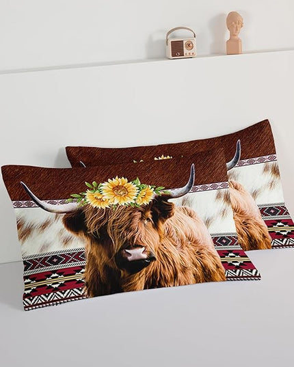 HOSIMA Highland Cow Decor Comforter with 2 Pillowcases,Animal Theme Western Bedding Sets,Brown Cowhide Black White Cow Print Comforter Set for Adults Kids,Sunflower Full Size Comforter. - LeafyLoom