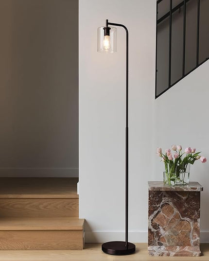 Brightech Elizabeth LED Floor lamp, Tall Lamp with Glass Shade & Edison Bulb, Industrial Lamp for Living Rooms & Offices, Vintage Standing Lamp for Bedroom in Farmhouse or Rustic Style - Bronze - LeafyLoom
