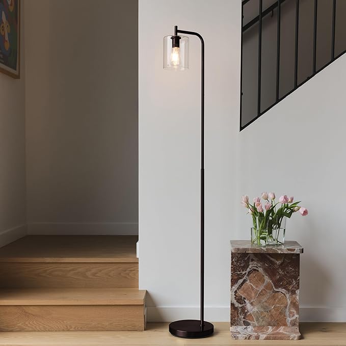 Brightech Elizabeth LED Floor lamp, Tall Lamp with Glass Shade & Edison Bulb, Industrial Lamp for Living Rooms & Offices, Vintage Standing Lamp for Bedroom in Farmhouse or Rustic Style - Bronze - LeafyLoom