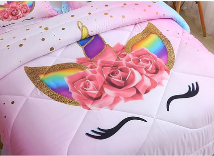 Kids Unicorn Bedding Set Twin Size for Girls, Pink Rainbow Girls Twin Comforter Set with 2 Pillowcases, Floral Kids Unicorn Bed Set Twin, Unicorn Room Decor for Girls Bedroom, All Season - LeafyLoom