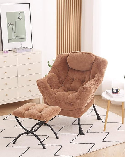 Lazy Chair with Ottoman, Modern Accent Chair Contemporary Lounge Leisure Upholstered Sofa Chair Set with Armrests, Reading Chair for Living Room, Bedroom, Office, Plush Brown - LeafyLoom