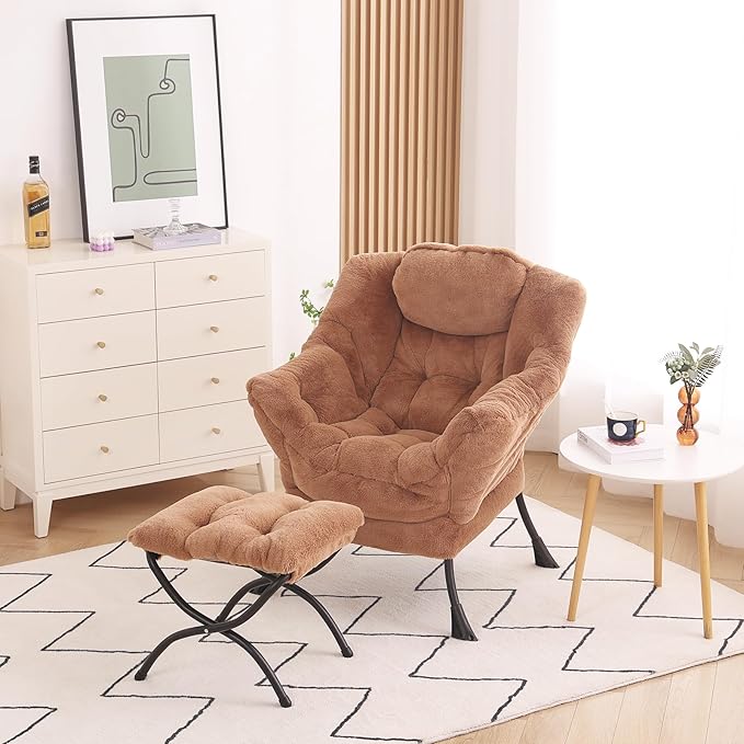 Lazy Chair with Ottoman, Modern Accent Chair Contemporary Lounge Leisure Upholstered Sofa Chair Set with Armrests, Reading Chair for Living Room, Bedroom, Office, Plush Brown - LeafyLoom