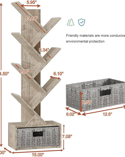 Vagusicc 6 Tier Tree Bookshelf, Modern Floor Standing Bookcase with Storage Drawer, Tall Wood Book Storage Rack for CDs/Books, Utility Book Organizer Shelves for Bedroom/Living Room/Home Office/Corner - LeafyLoom