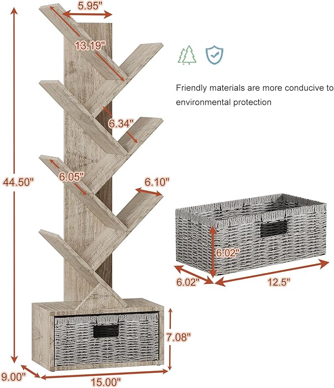 Vagusicc 6 Tier Tree Bookshelf, Modern Floor Standing Bookcase with Storage Drawer, Tall Wood Book Storage Rack for CDs/Books, Utility Book Organizer Shelves for Bedroom/Living Room/Home Office/Corner - LeafyLoom