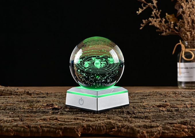 3D Crystal Ball Solar System Model, with Led Lamp Stand, 3.15'' Galaxy Planets Glass Ball Decor, Engraved Crystal Sphere with Gift Box, 6 Color Light, Romantic Gifts for Kids Friends - LeafyLoom