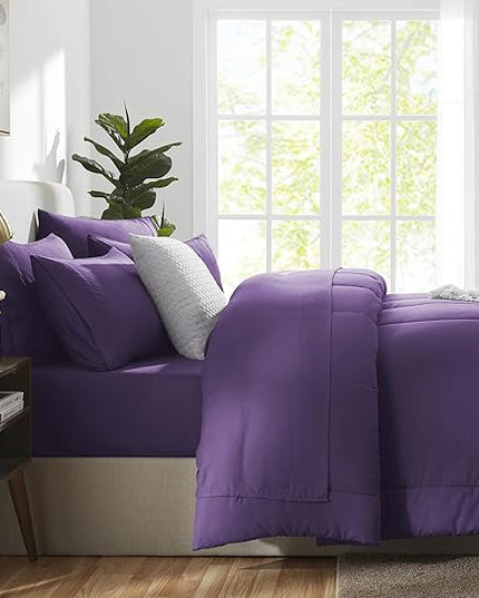 CozyLux Queen Size Comforter Set - 7 Pieces Bed in a Bag Set Purple, Bedding Sets Queen with All Season Quilted Comforter, Flat Sheet, Fitted Sheet, Pillowcases, Purple, Queen - LeafyLoom