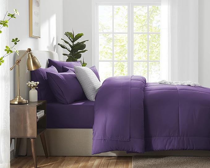 CozyLux Queen Size Comforter Set - 7 Pieces Bed in a Bag Set Purple, Bedding Sets Queen with All Season Quilted Comforter, Flat Sheet, Fitted Sheet, Pillowcases, Purple, Queen - LeafyLoom