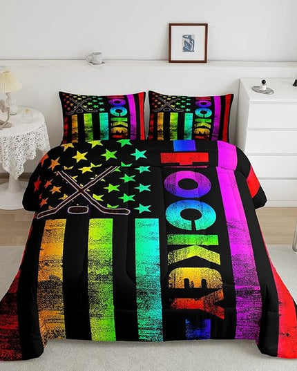 Erosebridal Boys Ice Hockey Bedding Set King Neon Rainbow American Flag Comforter Set for Kids Teen,Winter Sports Games Bed Comforter Set Retro Colorful Stripes Stars Quilt Duvet 2 Pillow Cases Black - LeafyLoom