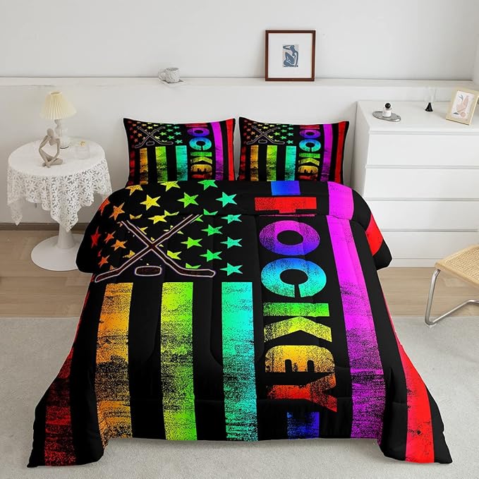 Erosebridal Boys Ice Hockey Bedding Set King Neon Rainbow American Flag Comforter Set for Kids Teen,Winter Sports Games Bed Comforter Set Retro Colorful Stripes Stars Quilt Duvet 2 Pillow Cases Black - LeafyLoom