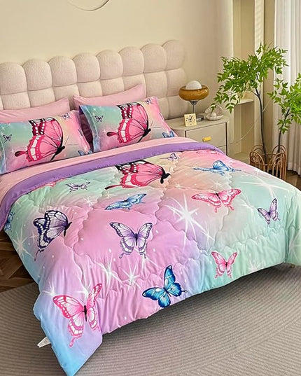 Girls Butterfly Comforter Set Bed in A Bag Twin Size 7 Piece 3D Purple Bedding Comforter Bed Set with Pillow Shams, Flat Sheet, Fitted Sheet, Pillowcases All Season - LeafyLoom