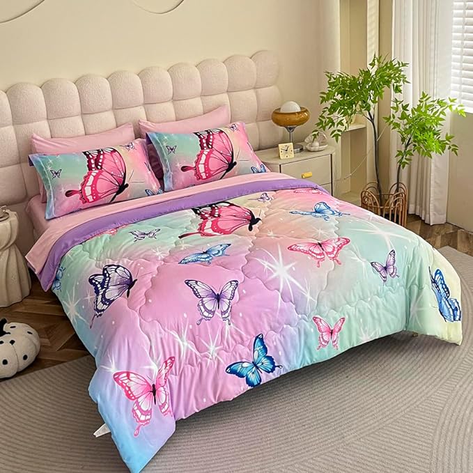 Girls Butterfly Comforter Set Bed in A Bag Twin Size 7 Piece 3D Purple Bedding Comforter Bed Set with Pillow Shams, Flat Sheet, Fitted Sheet, Pillowcases All Season - LeafyLoom