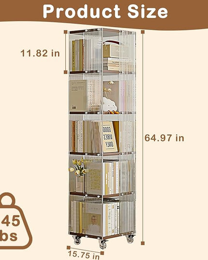 5-Tier Acrylic Book Shelf with Wheels, Mobile Tall Bookcase, Modern Unique Bookshelf Tower, Visible Display Shelf, 360° Rotating Bookshelf Organizer for Home Office Living Room, Walnut - LeafyLoom