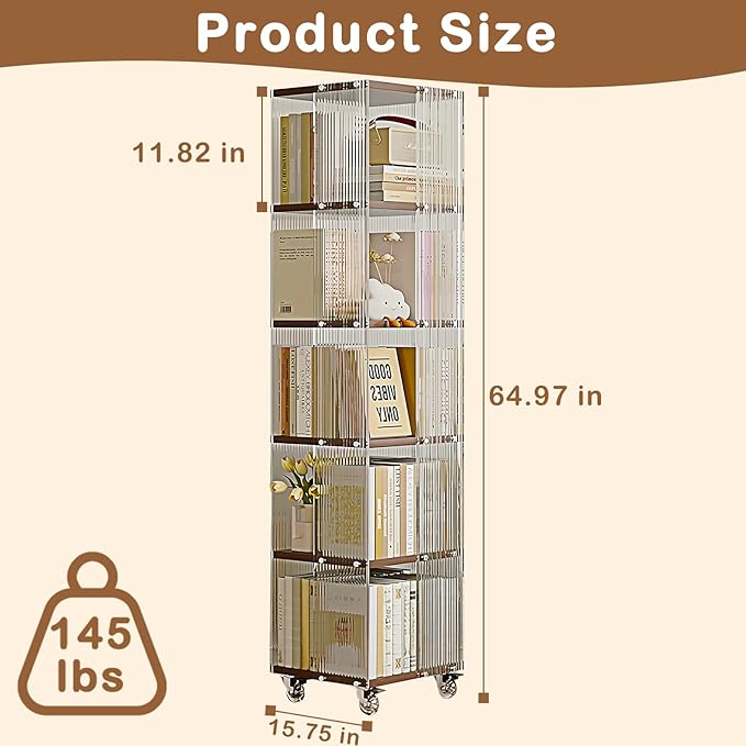 5-Tier Acrylic Book Shelf with Wheels, Mobile Tall Bookcase, Modern Unique Bookshelf Tower, Visible Display Shelf, 360° Rotating Bookshelf Organizer for Home Office Living Room, Walnut - LeafyLoom