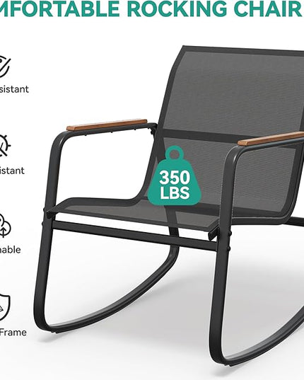 YITAHOME 3 Piece Rocking Bistro Set, Outdoor Patio Furniture Set with Wooden Armrests, Porch Chairs Set with Glass Table for Lawn, Garden, Balcony, Poolside, Dark Gray - LeafyLoom