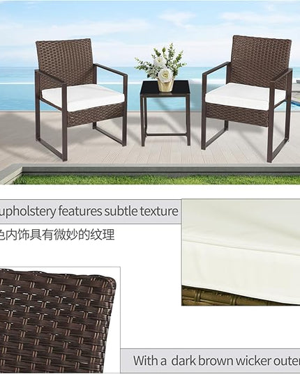 3 Pieces Patio Furniture Set Outdoor Wicker Bistro set Rattan Chair Conversation Sets with Coffee Table for Porch, Balcony,Garden,Backyard and Removable Cushions Beige - LeafyLoom