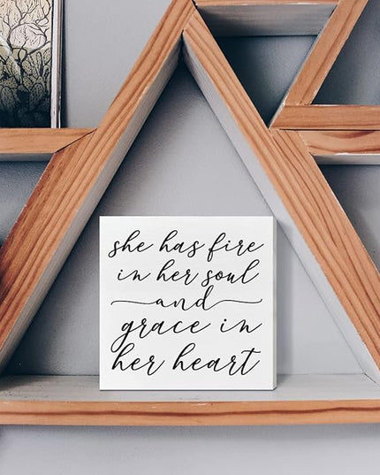 Home Office Desk Wooden Box Sign Decor, Fire in Her Soul and Grace in Her Heart, Inspirational Quotes Desk Decor Motivational Desk Decorations for Women Girls Teens Student Office Classroom School - LeafyLoom