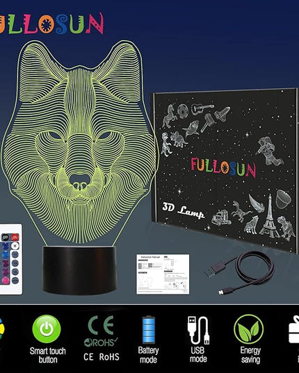 FULLOSUN 3D Wolf Night Light, Optical Illusion Lamp for Home Decor & Co-Sleeping,Remote Controller with 16 Color Changing Birthday Gifts for Kids, Boys & Men - LeafyLoom