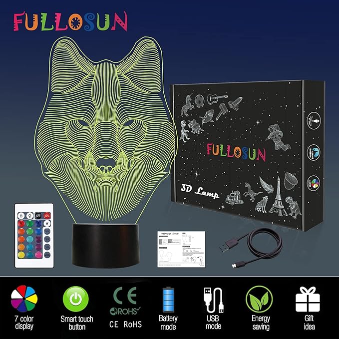 FULLOSUN 3D Wolf Night Light, Optical Illusion Lamp for Home Decor & Co-Sleeping,Remote Controller with 16 Color Changing Birthday Gifts for Kids, Boys & Men - LeafyLoom