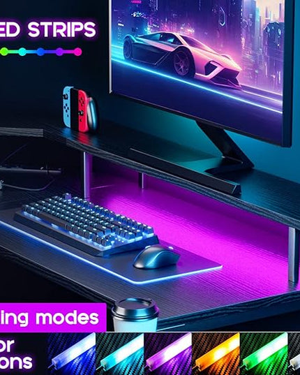 ODK L Shaped Gaming Desk with LED Lights & Power Outlets, 51" Computer Desk with Full Monitor Stand, Corner Desk with Cup Holder, Gaming Table with Hooks, Black - LeafyLoom