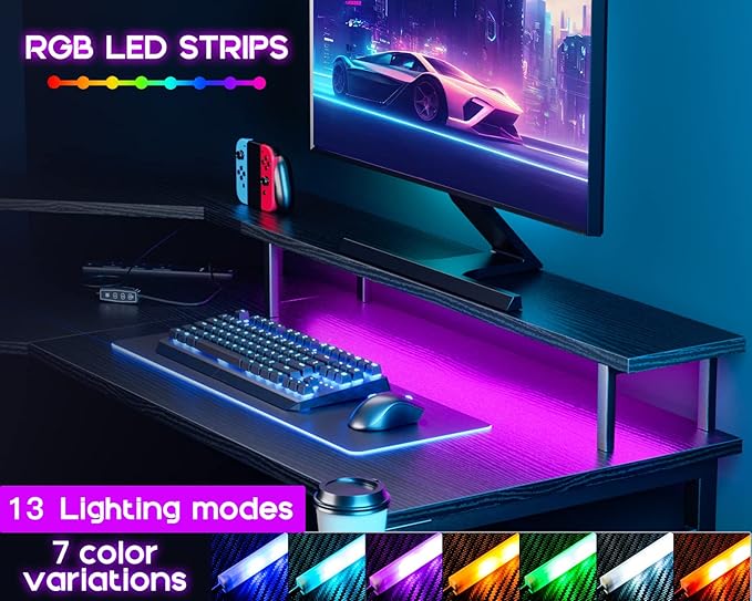 ODK L Shaped Gaming Desk with LED Lights & Power Outlets, 51" Computer Desk with Full Monitor Stand, Corner Desk with Cup Holder, Gaming Table with Hooks, Black - LeafyLoom