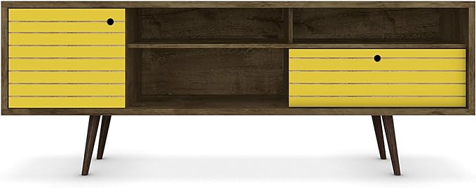 Manhattan Comfort Liberty Mid Century Modern TV Stand for Televisions up to 65 Inches, Bedroom and Living Room Entertainment Center with Storage, Shelves, and Cabinet, 71" Wide, Rustic Brown/Yellow - LeafyLoom