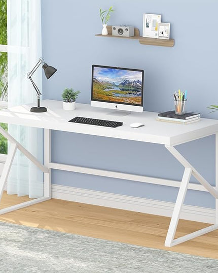 HSH White Desk, Modern Home Office PC Laptop Desk, Large Industrial Metal Wood Desk for Executive Writing Work Study Gaming, Long Student Computer Table for Bedroom Living Room, White Oak, 60 Inch - LeafyLoom